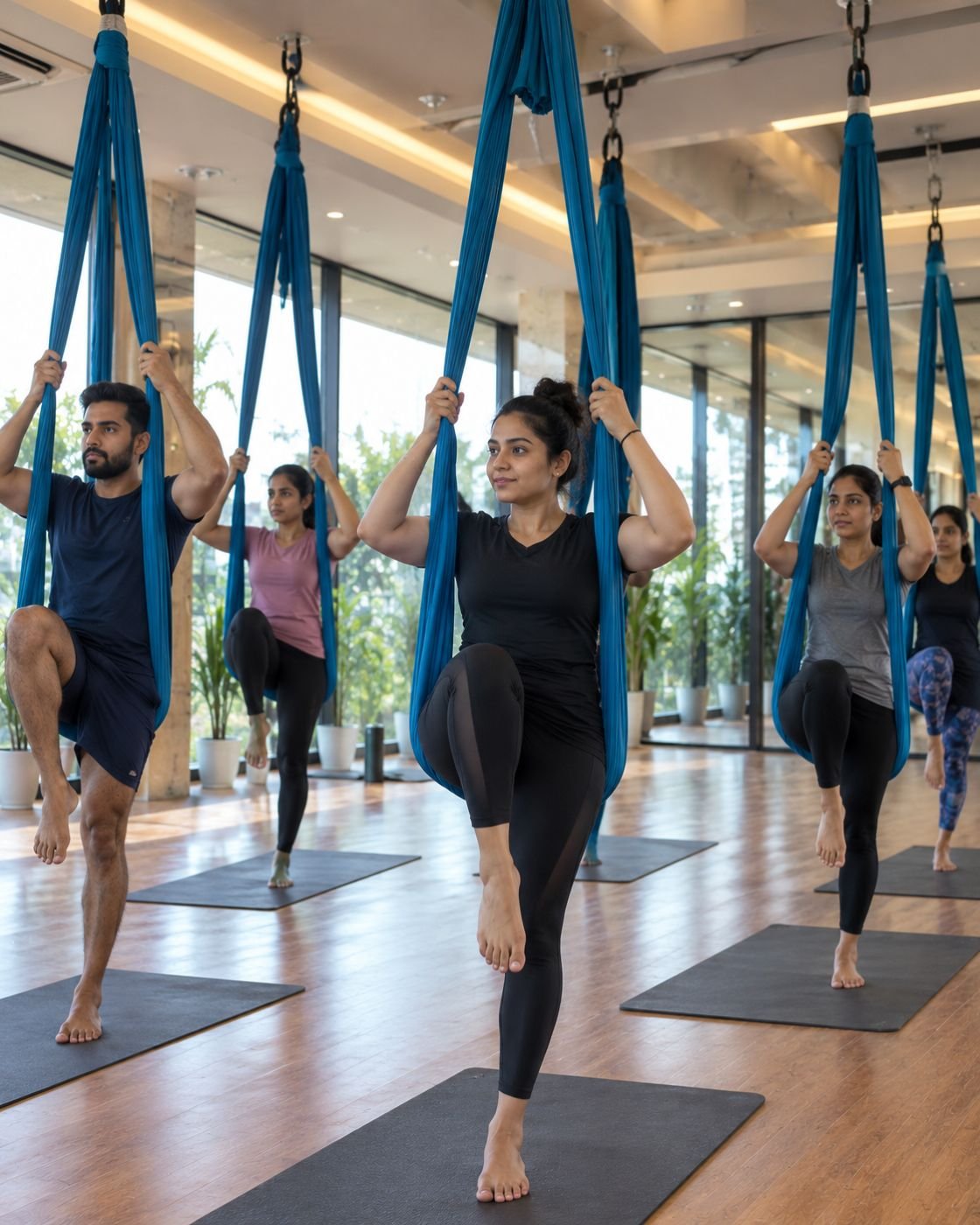 Aerial yoga class balancing on one leg with blue silks
