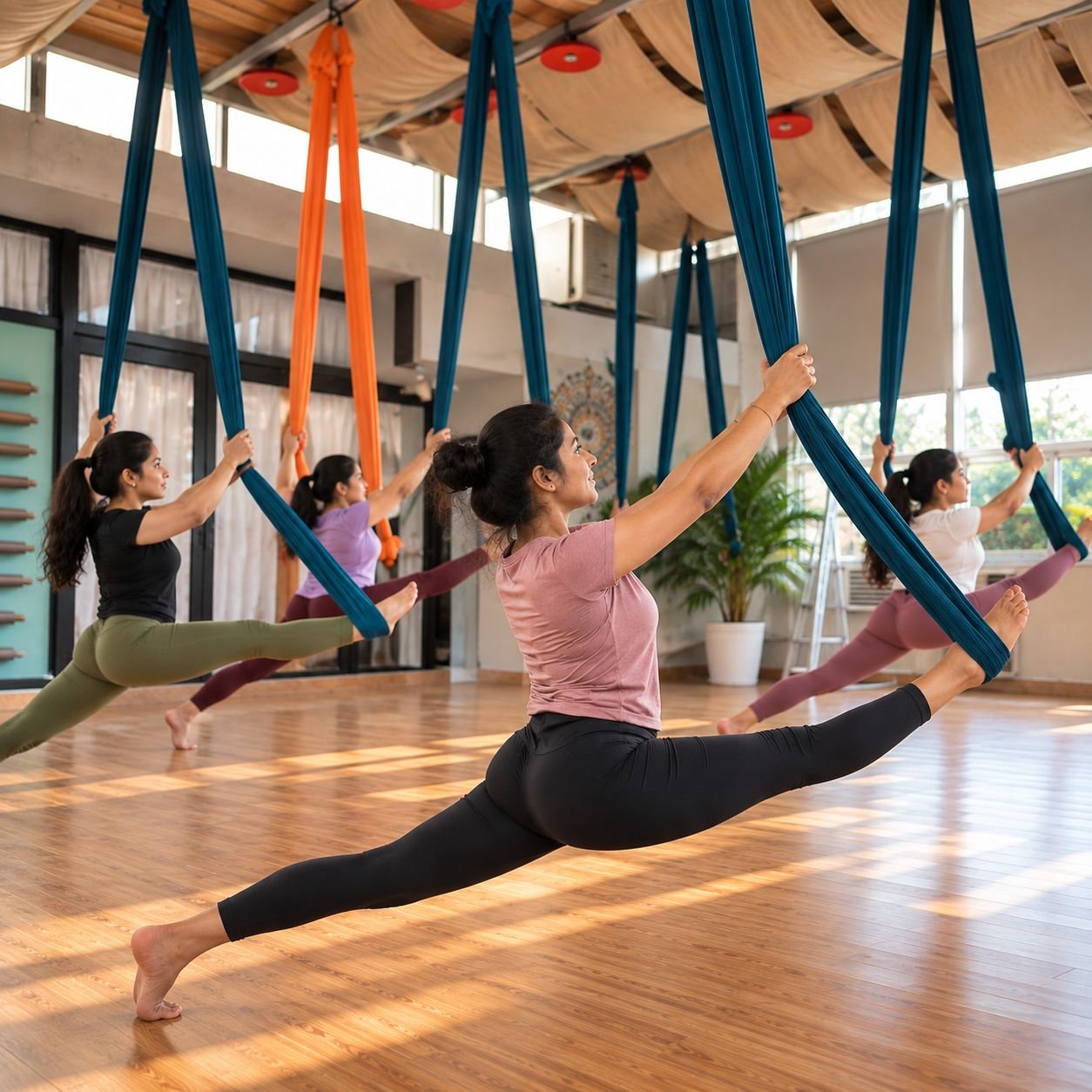 Members in a supported aerial split with blue and orange silks