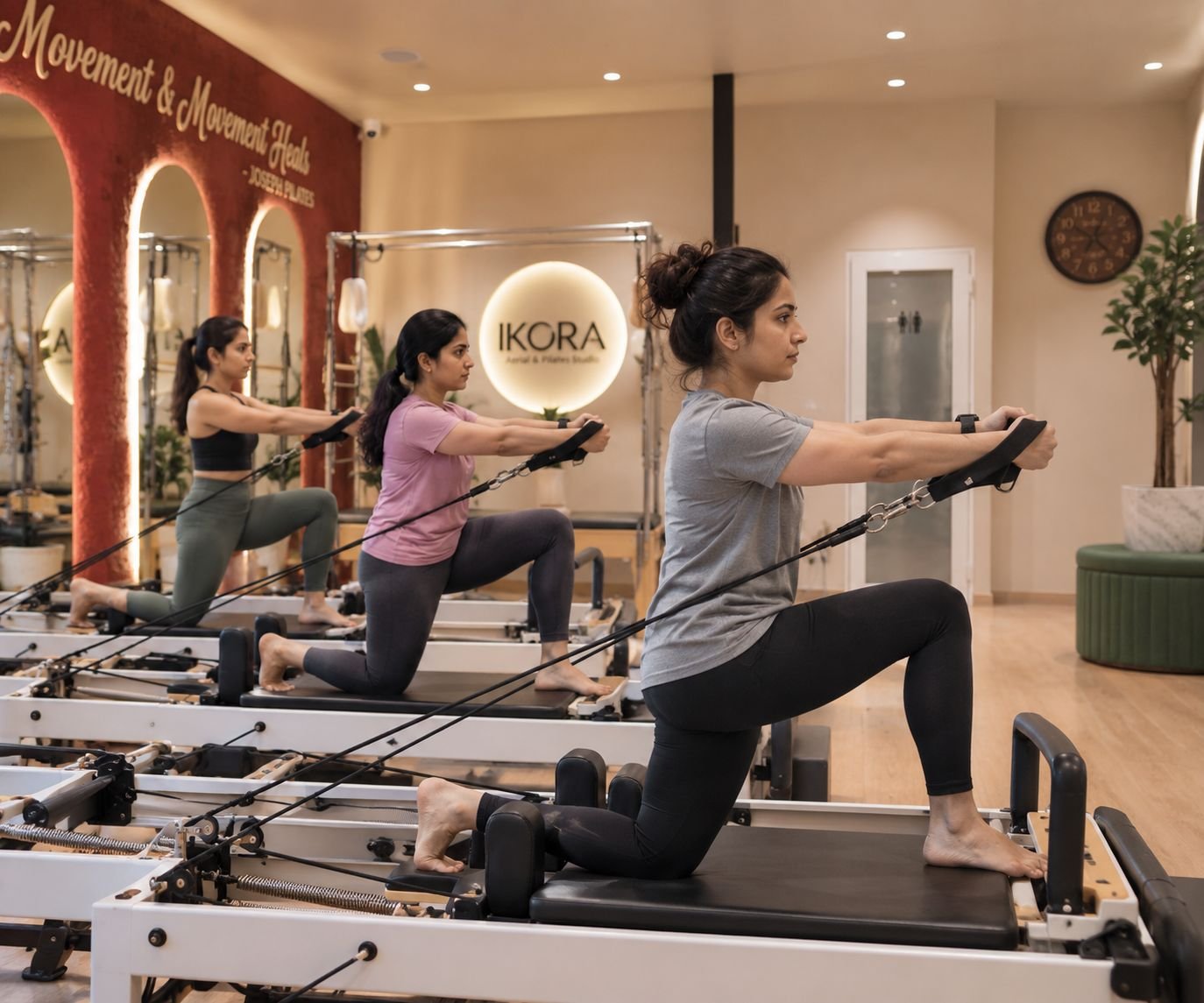 Members in a kneeling lunge on reformers with arm straps